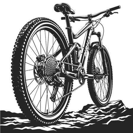 Detailed Outline Mountain Bike Graphic Illustration on Rocky Terrainのイラスト素材