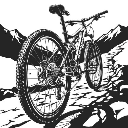 Monochromatic Detailed Mountain Bike Illustration on Rocky Terrain Adventure.のイラスト素材