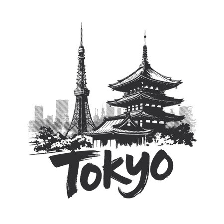 Artistic Hand drawn Tokyo Cityscape with Tower and Pagoda Landmark Illustration.のイラスト素材
