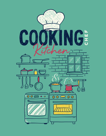 Doodle Style Detailed Kitchen Scene with Cooking Utensils and Chef Hat.のイラスト素材