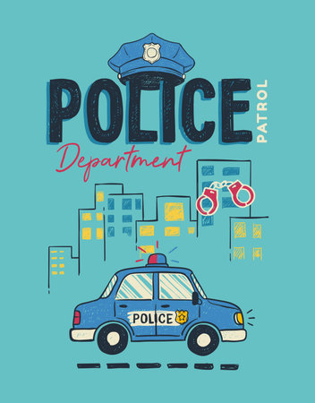 Playful Hand drawn Police Car and Cityscape Illustration for Children's Designs.のイラスト素材