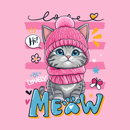 Charming Cartoon Kitten Wearing Winter Hat and Scarf Illustration Design.のイラスト素材