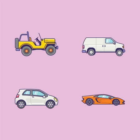 Flat car illustration collection, vintage car, car icon, mini car illustrationのイラスト素材