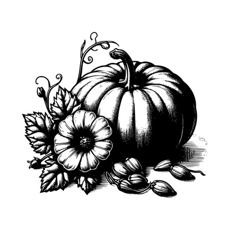 A hand-drawn vintage engraving of a pumpkin and a beautiful flower with intricate details. Ideal for elegant autumn, harvest, and Thanksgiving designsのイラスト素材