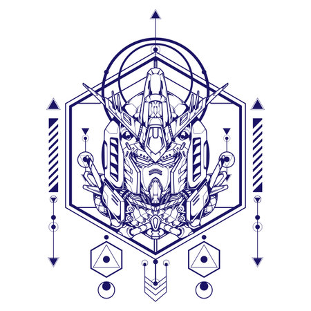Giant Robot Head Illustration with sacred geometry can use for sticker and poster designのイラスト素材