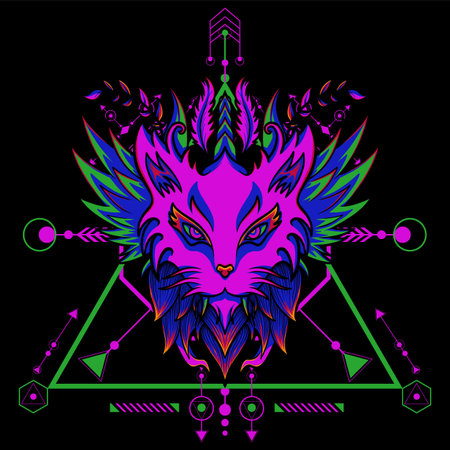 Fantasy Cat with Wings and Sacred Geometry Background 3 For Posterのイラスト素材