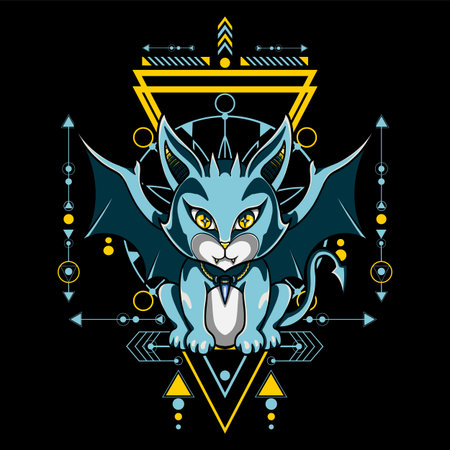 Devil Cat Illustration with Sacred Geometrical 5 For Tshirt Designのイラスト素材