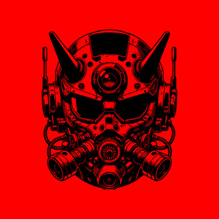 Futuristic mask digital illustration. Bold red background emphasizes the intricate details of this modern take on a classic Japanese symbol. Ideal for projects needing a strong and unique visual.のイラスト素材