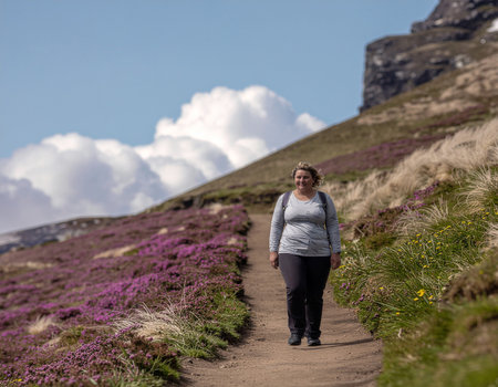 Plus size female hiker exploring the outdoors, embracing body positivity and an active lifestyle in natureの素材