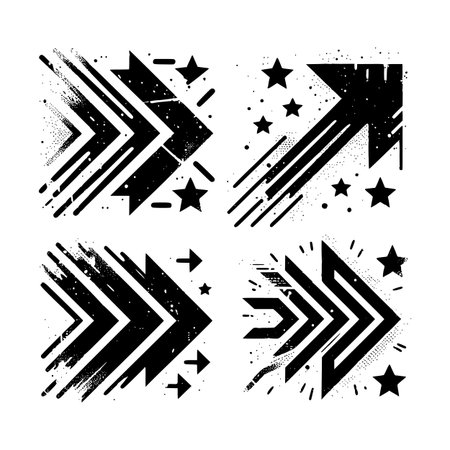 Collection of abstract grunge arrows with distressed texture, splatter style, and star elements for creative street art designのイラスト素材