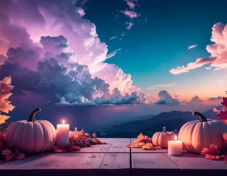Celebrate Thanksgiving with a stunning pumpkin display beneath an aesthetic sky painted in shades of blue and purpleの素材
