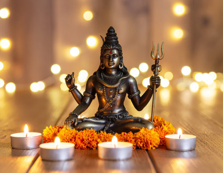 A beautifully crafted bronze Shiva statue seated in meditation pose, holding a trident (Trishula), surrounded by marigold flowers and glowing candlesの素材