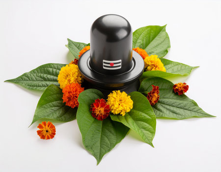 A still life photo of a black Shivling, the symbol of Lord Shiva, adorned with green Bilva leaves and fresh marigold flowers for a Hindu ceremonyの素材