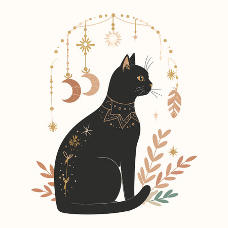 Spiritual black cat with boho elements and cosmic symbols, perfect for wall art, stickers, and apparelのイラスト素材