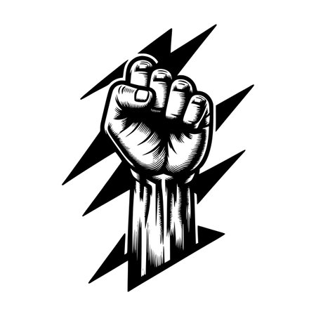 Powerful monochrome vector illustration of a raised clenched fist surrounded by lightning bolts, symbolizing energy, revolution, and determinationのイラスト素材