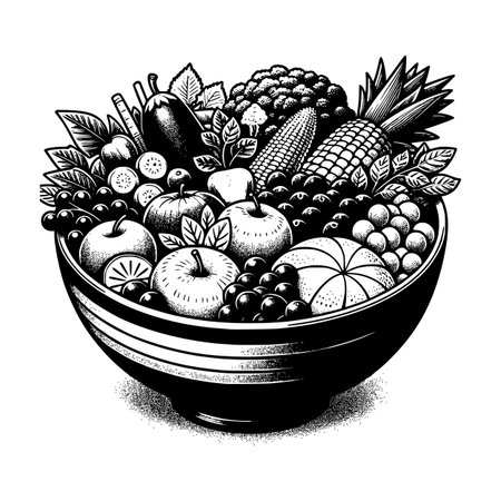 Black and white vintage-style vector illustration of a bowl filled with assorted fruits, vegetables, and berries. Includes apples, corn, pineapple, eggplant, broccoli, and leafy greens, all drawn with detailed stippling and engraving texturesのイラスト素材
