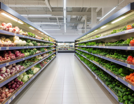 Wide-angle photo of a clean supermarket interior with neatly arranged fresh vegetables on both sides of the aisle. The image shows green produce such as cucumbers, lettuce, peppers, and cabbages under bright lighting, creating a fresh and organized retail atmosphereの素材