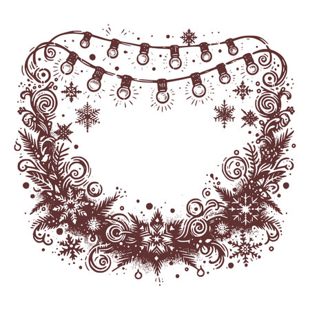 Hand-drawn vector illustration of a festive border frame decorated with garland lights, snowflakes, pine branches, and swirling ornaments. Vintage ink sketch design perfect for Christmas cards, invitations, and holiday decorationsのイラスト素材