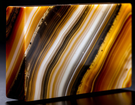 Close-up of a polished banded jasper gemstone featuring stunning natural layers of golden yellow, brown, white, and black. The rectangular shape and glossy finish emphasize the stoneâs intricate banded patternsの素材