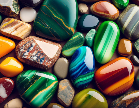 Beautiful assortment of polished semi-precious gemstones including jasper, agate, malachite, and onyx. The stones display vivid natural colors and unique patterns such as green, blue, orange, and brownの素材