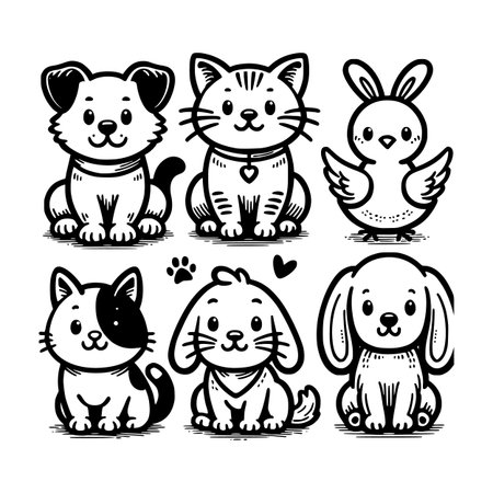 A charming vector illustration set of six cute, stylized pet characters including two dogs, two cats, a patch cat, and a bird/chick, all rendered in a simple, bold black line-art or doodle styleのイラスト素材