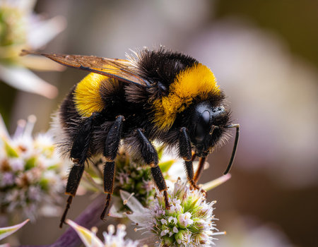 A stunning, sharp macro shot capturing a fuzzy bumblebee (Bombus species) actively foraging on a cluster of tiny white and pink flowers. The bee's black and vibrant yellow stripes are highly detailed, showcasing its hairy thorax and compound eyesの素材