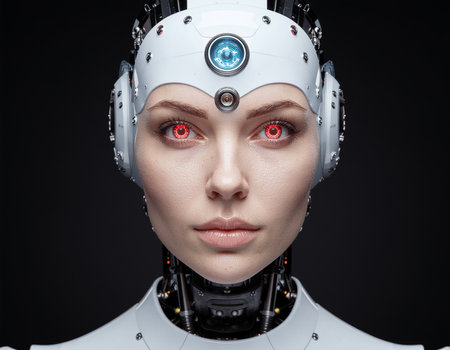 A captivating close-up portrait of a female cyborg or android with pale skin and a neutral expression, set against a dark, black backgroundの素材