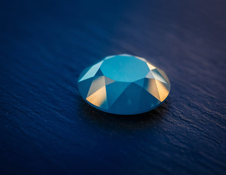 A macro, low-key photograph of a faceted, light-blue (sky/baby blue) topaz gemstone lying on a deeply textured, dark-blue or black surfaceの素材