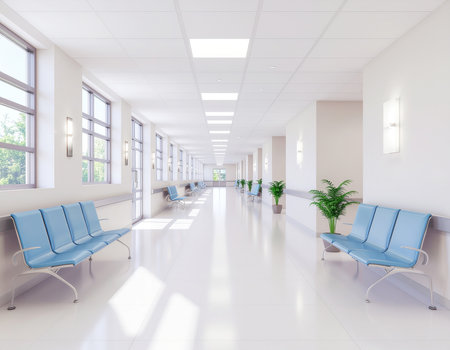 A wide-angle, highly lit 3D render of a long, pristine hospital or clinic corridor, emphasizing a sense of cleanliness and modern design. The space features rows of bright blue waiting chairs, white walls, and large windows that let in natural lightの素材