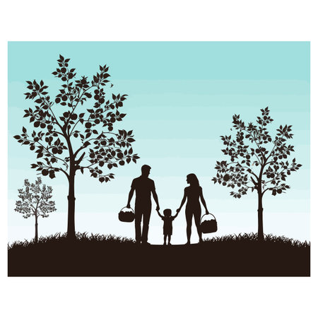 Silhouette illustration of a happy family walking together in an apple orchard, holding baskets and enjoying nature. Vector landscape design featuring parents and child surrounded by fruit trees under a soft blue skyのイラスト素材