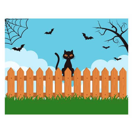 Vector illustration of a cute black cat sitting on a wooden fence under a bright blue sky with clouds, bats flying, spider webs, and a spooky tree branchのイラスト素材