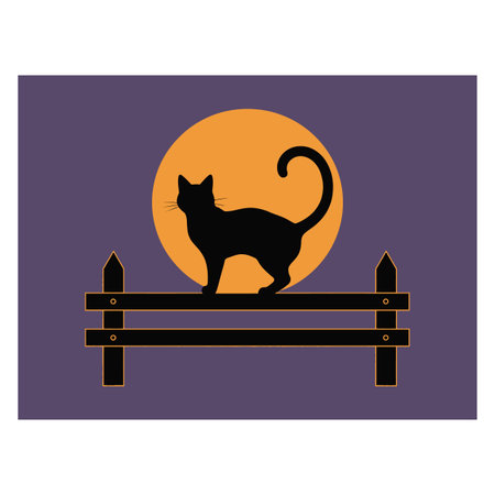 Flat vector illustration of a black cat standing on a wooden fence with a large orange full moon in the background. The minimalist Halloween design features dark purple tones and simple shapes, perfect for seasonal decorations, greeting cards, digital art, or spooky holiday graphicsのイラスト素材
