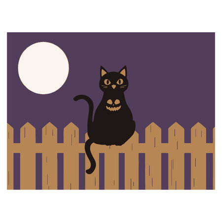 Flat vector illustration of a black cat sitting on a wooden fence under a full moon at night. The design features a spooky Halloween atmosphere with a dark purple sky and minimal shapes, perfect for seasonal graphics, greeting cards, invitations, decorations, or digital artのイラスト素材