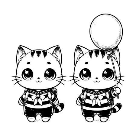 Adorable hand-drawn chibi cats in sailor-style outfits, one holding a balloon and the other standing beside. Black and white line art design with expressive eyes and cute proportions, perfect for coloring pages, sticker designs, childrenâs prints, kawaii merchandise, and cartoon illustrationsのイラスト素材