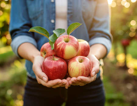This image features a woman in a denim shirt holding a handful of freshly picked apples. The fruit is ripe and vibrant, with some green leaves still attachedの素材