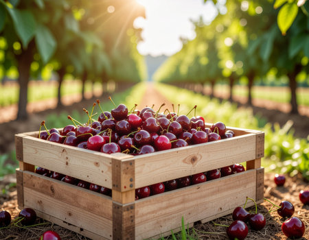 A rustic wooden crate overflowing with freshly picked, ripe red cherries, placed on the ground in a sunlit cherry orchardの素材