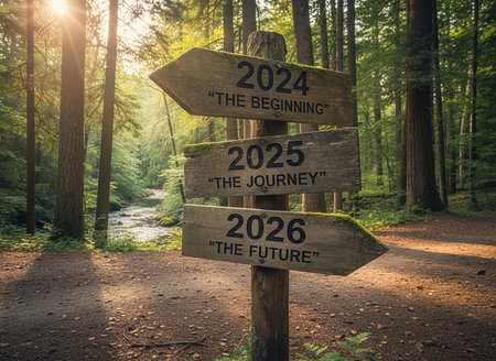 A rustic wooden signpost in a sun-drenched forest, pointing directions with the years "2024," "2025," and "2026" and motivational phrases "The Beginning," "The Journey," and "The Future."の素材