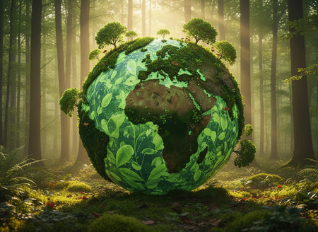 A vibrant, green-themed globe representing Earth, covered in leaves and miniature trees, resting on a mossy forest floor bathed in golden sunlightの素材