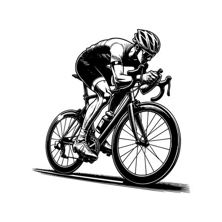 A powerful black and white vector illustration of a professional cyclist in a racing position on a road bike. The detailed line art captures the intensity and speed of the sport, making it ideal for sports branding, athletic apparel designs, fitness promotions, and event postersのイラスト素材