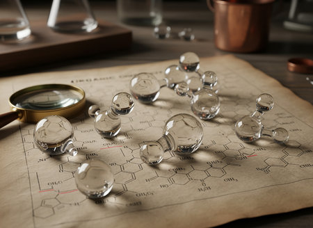 Transparent glass molecular models displayed on an old chemistry diagram with organic compound formulas. A magnifying glass rests nearby, symbolizing science, research, and molecular discoveryの素材