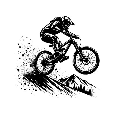 Black and white vector illustration of a mountain biker performing a jump on a rugged trail with mountains in the background. Dynamic ink-splash effects emphasize speed, action, and the spirit of outdoor adventure. Perfect for sports apparel, biking event posters, logos, and extreme sports brandingのイラスト素材