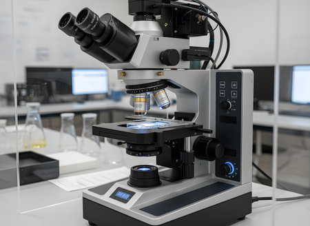 A close-up view of a high-end compound microscope, showing the objective lenses, stage, and digital controls, set up in a bright, modern scientific laboratoryの素材
