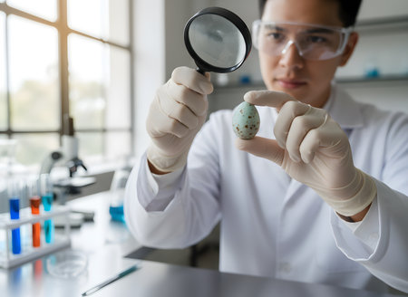 A focused shot of a researcher wearing a lab coat and safety glasses, holding a small, speckled bird egg and examining it closely with a magnifying glass in a bright laboratoryの素材