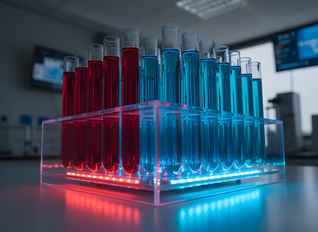 A striking, low-angle photograph of a rack of test tubes split between bright red and electric blue liquid solutions, dramatically lit in a high-tech laboratory settingの素材