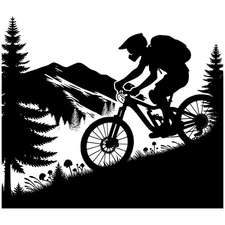 Atmospheric black and white silhouette illustration of a mountain biker with a backpack, riding downhill through a natural landscape featuring pine trees, mountains in the background, and grassy foreground detailsのイラスト素材
