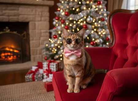 Adorable holiday-themed photograph featuring a stylish cat wearing round sunglasses and a pink bow tie, sitting confidently on a red armchair in a cozy living roomの素材