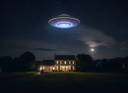 This intriguing image depicts a classic, glowing UFO hovering menacingly yet majestically over a well-lit, traditional suburban house under a vast, star-filled night skyの素材
