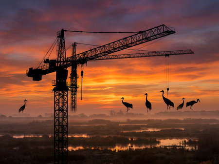 Silhouetted construction cranes stand tall against a vibrant sunset sky, while a flock of cranes forages in the misty wetlands below. This image juxtaposes industrial progress with the serenity of natureの素材