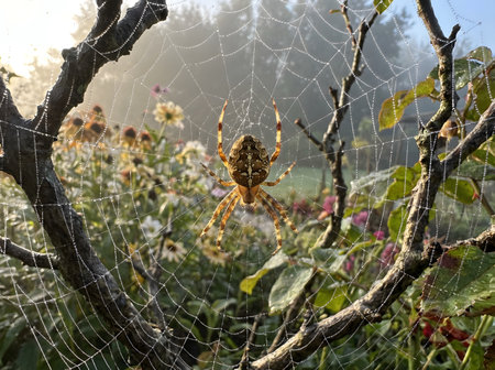 A detailed close-up of a garden orb-weaver spider resting at the center of its dew-covered web on a misty morningの素材