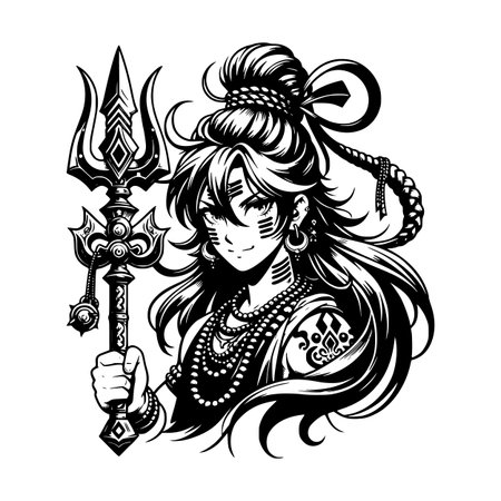 High-detail black and white illustration of Lord Shiva holding a trishul (trident), depicted in a modern stylized art style with flowing hair, sacred markings, beads, and symbolic ornamentsのイラスト素材